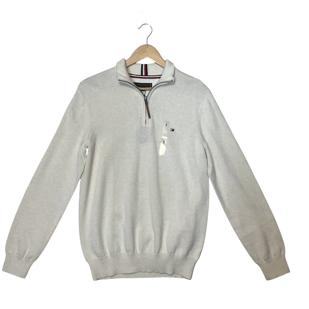 TOMMY HILFIGER sz Small 1/4 Zip Sweater 100% Cotton Preppy Off White NWT